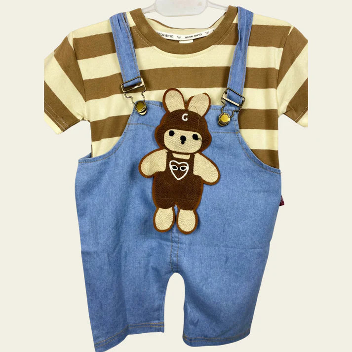 BF - Dungarees - Brown Stripes & Bear
