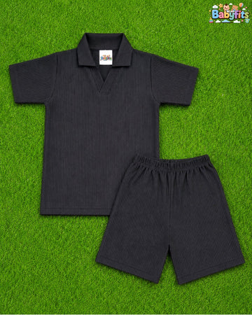 V Neck - Shirt & Shorts - Black