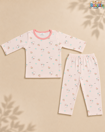 Night Suit - Cotton Interlock - Pink - Rabbits
