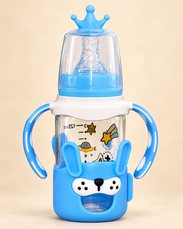 Pretty Baby Starry Bunny 125ml BPA-Free Glass Feeding Bottle with Handles – Blue
