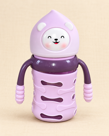 FISH Little Bear Hug 150ml BPA-Free Glass Feeding Bottle with Handles – Purple
