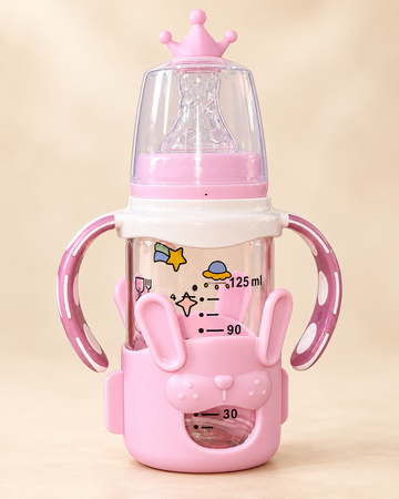 Pretty Baby Starry Bunny 125ml BPA-Free Glass Feeding Bottle with Handles – PInk