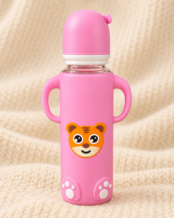 Pretty Baby Tiny Tiger 240ml BPA-Free Glass Feeding Bottle with Handles – Pink