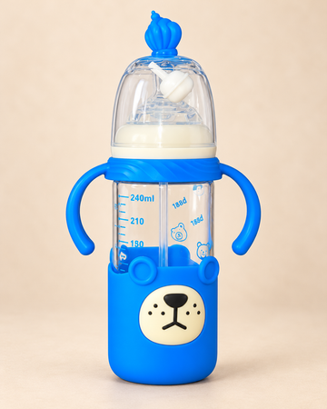 Pretty Baby Crown Cub 240ml BPA-Free Glass Feeding Bottle with Handles – Blue