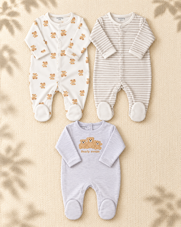 Pack of 3 - Full Sleeves - Footed Sleep Suits - Bearly Bear