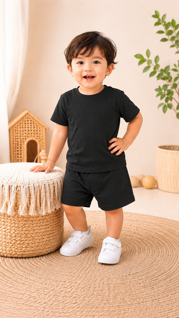 Round Neck - Shirt & Shorts - Black