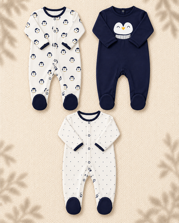 Pack of 3 - Full Sleeves - Footed Sleep Suits - Blue Penguin