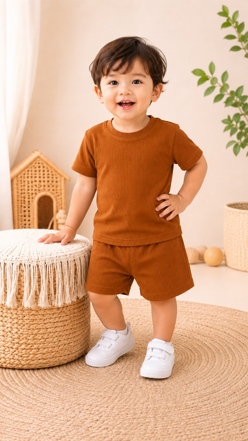 Round Neck - Shirt & Shorts - Brown