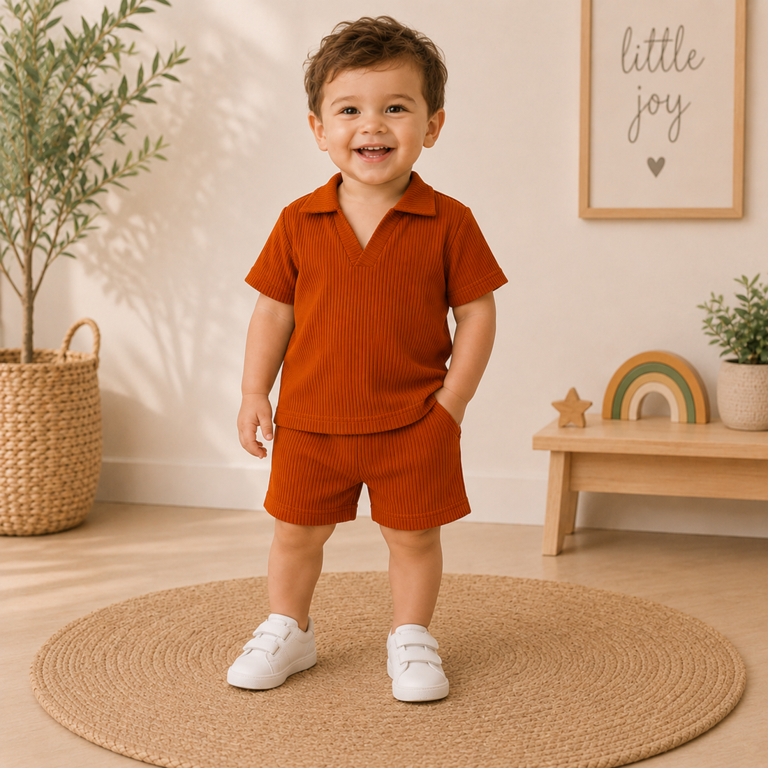 V Neck - Shirt & Shorts - Brown