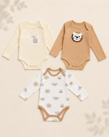 Pack of 3 Full Sleeve Bodysuits - Lion & koala  - 008