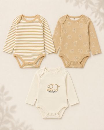 Pack of 3 Full Sleeve Bodysuits - Elephant  - 009