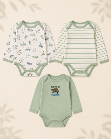 Pack of 3 Full Sleeve Bodysuits - Green Turtle - 010