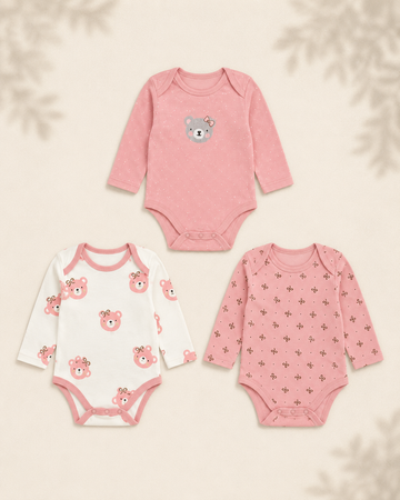 Pack of 3 Full Sleeve Bodysuits - Pink Bear - 011