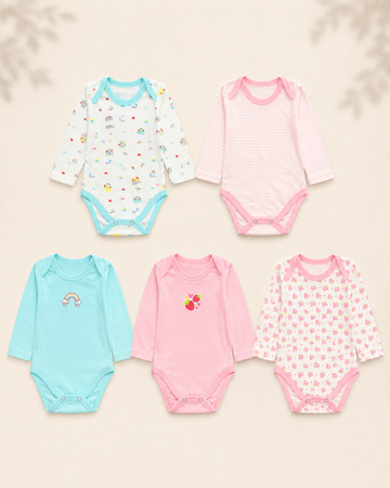 Pack of 5 Full Sleeve Bodysuits - Strawberry & Rainbow - 002
