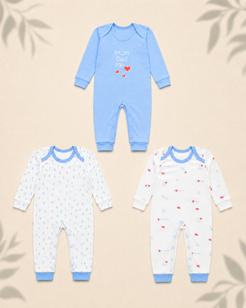 Pack of 3 - Full Sleeves - Sleep Suits - Mom & Dad