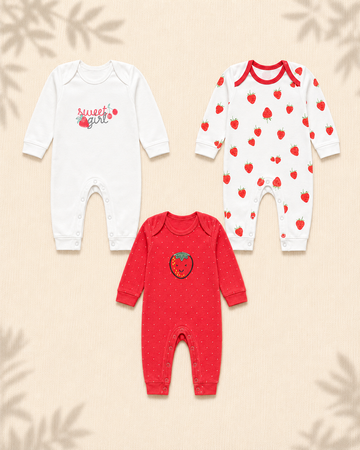 Pack of 3 - Full Sleeves - Sleep Suits - Strawberry