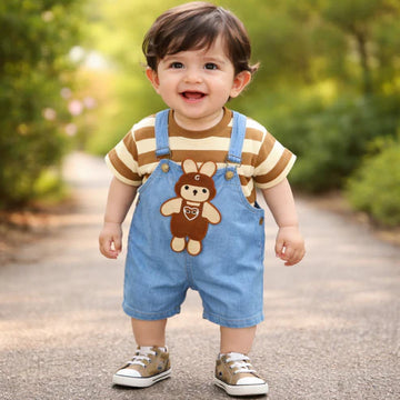 BF - Dungarees - Brown Stripes & Bear