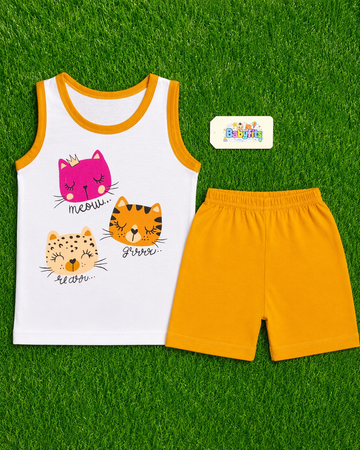Cotton Jersey Sando & Short - Mustard - Cats