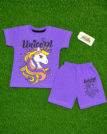 Cotton Jersey T-Shirt & Shorts - Purple - Unicorn