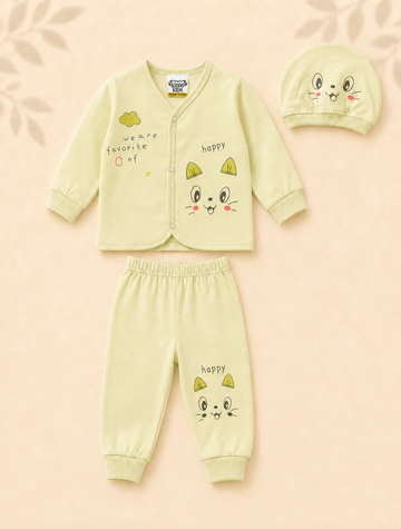 Newborn - Night Suit - Happy Kitty - Yellow