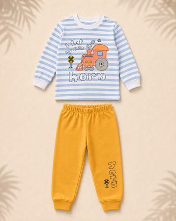 Night Suit - Train & Stripes - Yellow