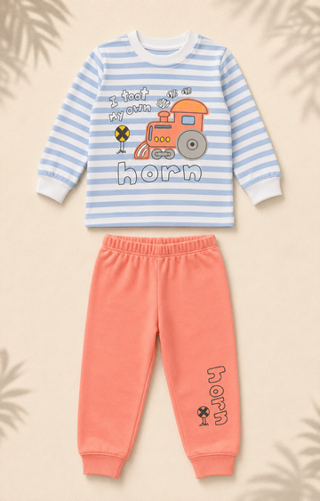 Night Suit - Train & Stripes - Peach
