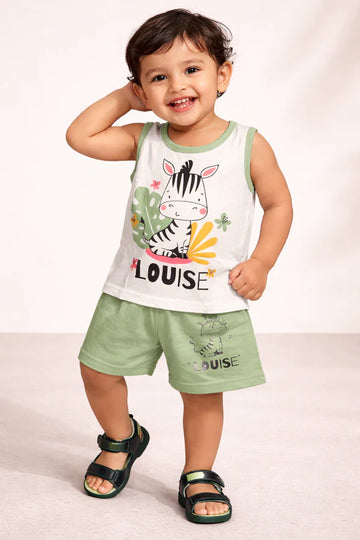 Sando & Shorts - White & Green - Zebra