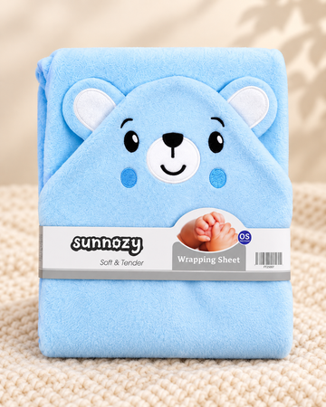 Teddy Bear Hooded Baby Wrapping Sheet - Blue