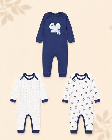 Pack of 3 - Full Sleeves - Sleep Suits - Blue Penguin