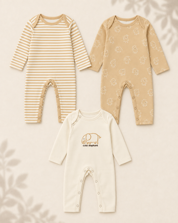 Pack of 3 - Full Sleeves - Sleep Suits - Elephant
