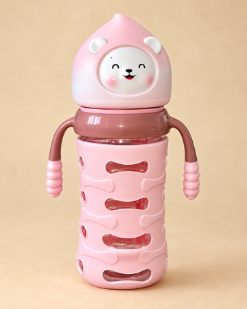 FISH Little Bear Hug 240ml BPA-Free Glass Feeding Bottle with Handles – Pink