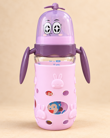 FISH Bunny Breeze 260ml BPA-Free Glass Baby Feeding Bottle with Handles – Purple
