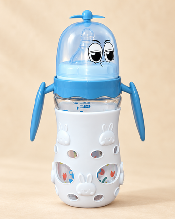 FISH Bunny Breeze 260ml BPA-Free Glass Baby Feeding Bottle with Handles – Blue