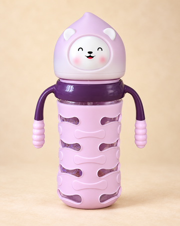 FISH Little Bear Hug 240ml BPA-Free Glass Feeding Bottle with Handles – Purple