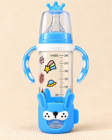 Pretty Baby 240ml BPA-Free Glass Feeding Bottle with Handles – Blue