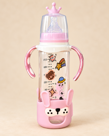 Pretty Baby 240ml BPA-Free Glass Feeding Bottle with Handles – Pink