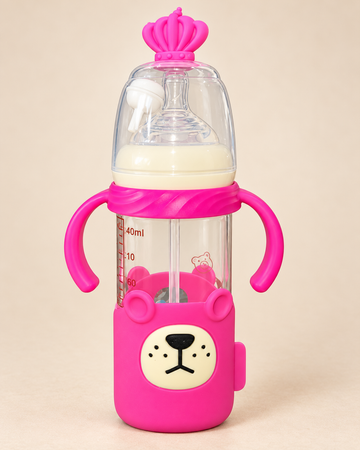 Pretty Baby Crown Cub 240ml BPA-Free Glass Feeding Bottle with Handles – Pink