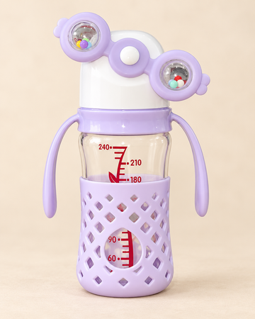 FISH Lilac Rattle 240ml BPA-Free Glass Baby Feeding Bottle with Handles – Purple