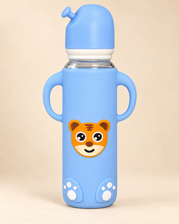 Pretty Baby Tiny Tiger 240ml BPA-Free Glass Feeding Bottle with Handles – Blue