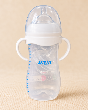 AVEAT PureFlow 330ml BPA-Free Plastic Baby Feeding Bottle with Handles – White