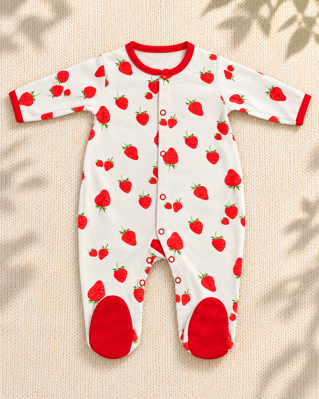 Pack of 3 - Full Sleeves - Footed Sleep Suits - Strawberry