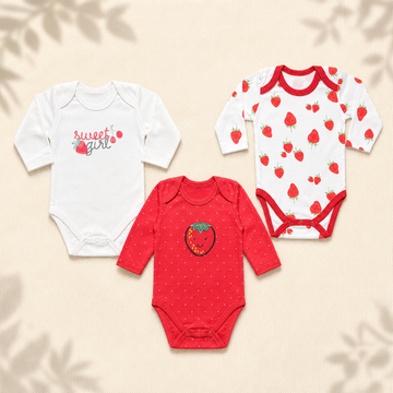 Pack of 3 Full Sleeve Bodysuits - Strawberry - 007