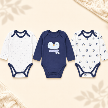 Pack of 3 Full Sleeve Bodysuits - Blue Penguin - 002