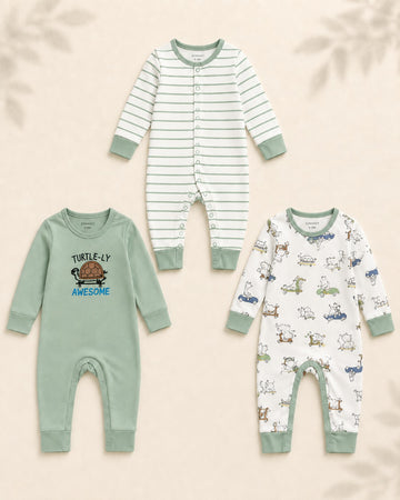 Pack of 3 - Full Sleeves - Sleep Suits - Green Turtle
